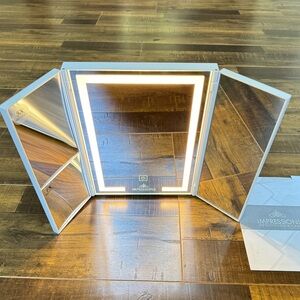 New Impressions Vanity Trifold LED Makeup Mirror for Desk, Lavish Tri-Tone 360•